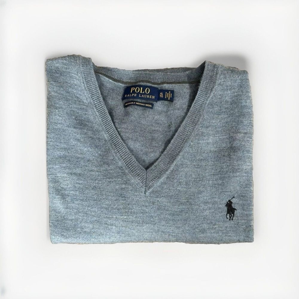 Polo Ralph Lauren Sweater Mens XL Blue Washable Merino Wool V-Neck Pony Logo